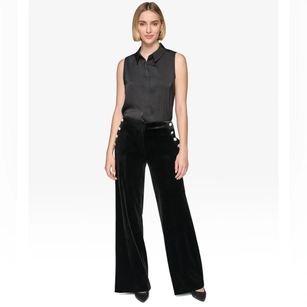 Karl Lagerfeld Velvet Pants Women's Size 12 Black Wide Leg Rhinestone Detail. - Picture 2 of 13